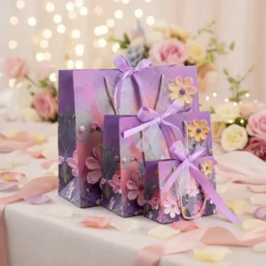 Custom Cardboard Paper Gift Bags with Offset Printed Bow Handles for Weddings and Valentine’s Day