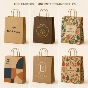 Custom Christmas Gift Bags with Logo Print, Kraft Paper Holiday Bags, MOQ 500, OEM