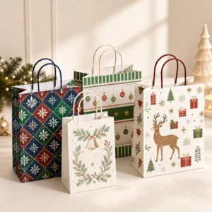 Custom Christmas Kraft Paper Gift Bags with Handles