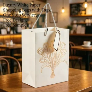 Custom Coated Paper Gift Bag with Cotton Rope Handle and Gold Foil for Wedding Parties