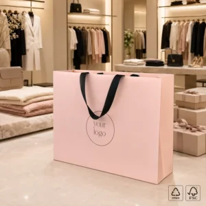 Custom Colored Paper Gift Shopping Bag with Ribbon Handles and Logo