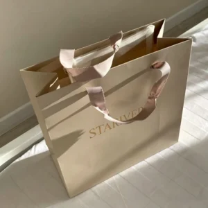 Custom Cream Matte Paper Shopping Bag with Gold Foil Logo Grosgrain Ribbon Handle