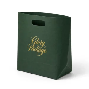 Custom Dark Green Specialty Paper Shopping Bag with Die-Cut Handles, Gold Foil Logo, Recyclable