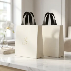 Custom Eco-Friendly Luxury Cosmetics and Jewelry Embossed Logo Shopping Gift Paper Bags with Ribbon Handles