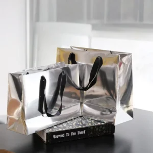 Custom Eco-Friendly Metallic Paperboard Shopping Bag with Ribbon Handle, Laminated Craft Gift Packaging for Clothing and Candles