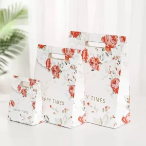 Custom Gift Paper Bags with Flap Cover and Floral Design for Christmas, Valentine’s Day, and Mother’s Day