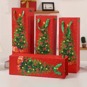 Custom Gold Foil Stamping Ribbon Handle Recyclable Christmas Wine Tote Paper Bag