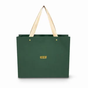 Custom Green Paper Bag Gold Hot Stamping Logo Nailed Handle Eco friendly Boutique Gift Bag