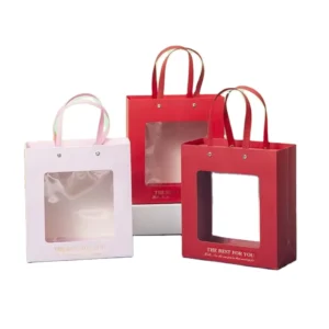 Custom Ivory Board Christmas Gift Bag with Window and Flower Design for Food Packaging