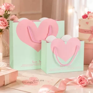 Custom Laminated Gift Paper Bag with Rope Handles, Heart Design for Jewelry, Cosmetics, Boutique, and Wedding Gifts, OEM