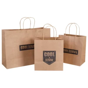 Custom Logo Brown Kraft Paper Shopping Bags with Screen Printing for Recyclable Food-Safe Takeout Packaging