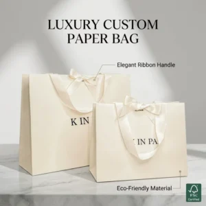 Custom Logo Eco-Friendly Cardboard Paper Shopping Gift Bag with Ribbon Handle, 300g