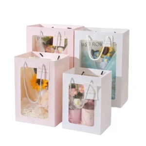 Custom Logo Kraft Flower Gift Bag with Transparent Window and Rope Handle for Florist and Wedding Bouquet Packaging