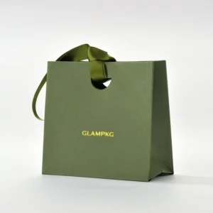 Custom Logo Leather-Grain Textured Paper Boutique Tote with Satin Ribbon Handles for Jewelry and Cosmetics