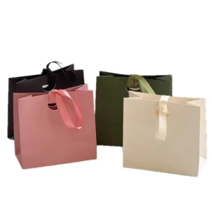Custom Logo Matte Paper Gift Bags with Ribbon Handles for Weddings and Favors