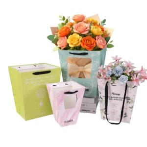 Custom Logo Trapezoidal Flower Bag Waterproof Bouquet Packaging Carry Paper Bag for Florist Shop