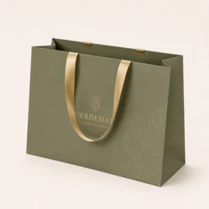 Custom Luxury Sage Green Rigid Art Paper Retail Merchandise Bag Embossed Gravure Printed for Boutique Clothing Stores