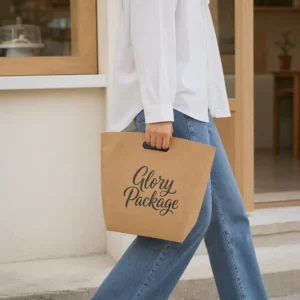 Custom Natural Kraft Paper Shopping Bag with Die-Cut Handles and Black Logo Printing for Clothing and Shoes