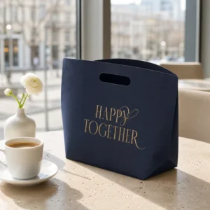 Custom Navy Blue Eco-Friendly Paper Gift Bag with Die-Cut Handle and Gold Foil Logo for Coffee and Bakery Retail
