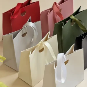 Custom Paper Gift Bag with Die-Cut Handle, Ribbon Closure, and Matte Lamination