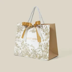 Custom Paper Gift Bag with Gold Ribbon Handle and Floral Print for Wedding and Holiday Packaging