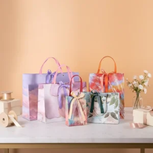 Custom Paper Gift Bag with Printed Logo, Cardboard Rope Handle and Ribbon for Wedding and Birthday Gifts