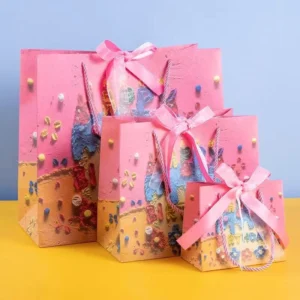 Custom Pink Cardboard Paper Gift Bags with Ribbon Handles and Custom Logo for Candle Craft Kids Birthday Parties