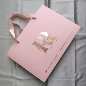 Custom Pink Cardboard Shopping Gift Bag with Logo, Handles and Bow