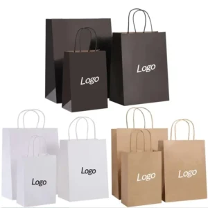 Custom Printed Black, White and Brown Kraft Paper Shopping Bags with Logo for Food Takeaway Packaging