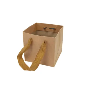 Custom Printed Brown Kraft Paper Gift Bag with Ribbon Handle Square Bottom for Jewelry and Wine