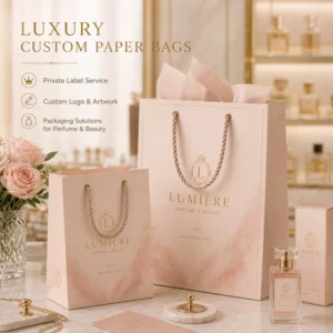 Custom Printed Drawstring Handle Recyclable Cardboard Shopping Gift Paper Bags for Cosmetic Perfume Gifts