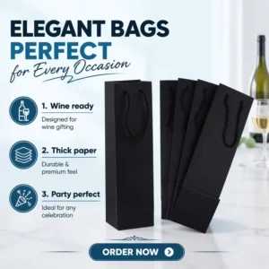 Custom Printed Paper Bag Reusable Foldable Luxury Single Bottle Wine Gift Bag Packaging Kraft Ribbon Handles