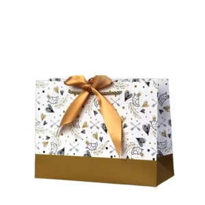 Custom Printed Paper Gift Bags with Twisted Rope Handles, Gold Foil Stamping, Gussets, and Full-Color Retail Design