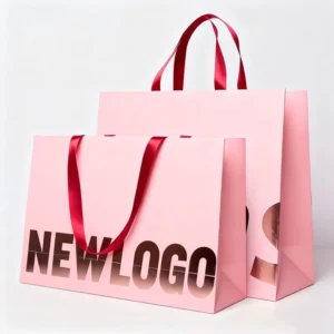 Custom Printed Pink Paper Gift Bags with Ribbon Handles for Crafts and Cosmetics