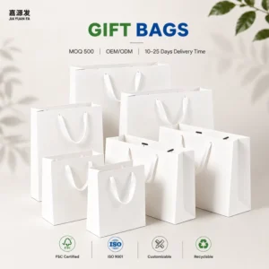 Custom Printed White Cardboard Gift Bags, Matte Finish, Custom Branding, Manufacturer, Small MOQ