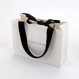 Custom Printed White Cardboard Kraft Paper Gift Bag with Ribbon Handle and Logo