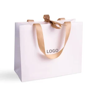 Custom Printed White Cardboard Shopping Bags with Ribbon Handles and Logo