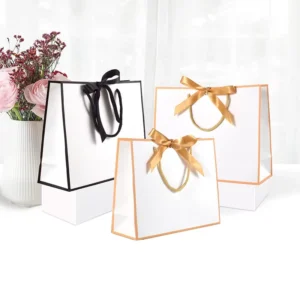 Custom Recyclable Kraft Paper Shopping Bag with Bow Ribbon Handle for Clothing Gift Packaging
