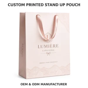 Custom Rose Gold Foil Print Light Pink Recyclable Coated Paper Cardboard Luxury Lingerie Gift Tote Bag Satin Ribbon Handle for