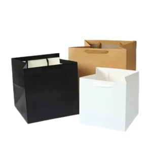 Custom Solid Color Kraft Paper Gift Bag with Handles, Square Brown and White
