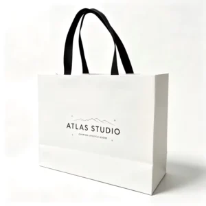 Custom White Biodegradable Foldable Paper Shopping Bag with Black Ribbon Handle for Cosmetics