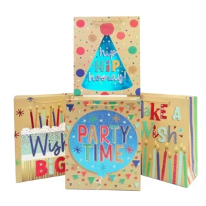 Customizable Large Paper Gift Bags with Handles, 4 Designs, for Kids and Adults Birthdays