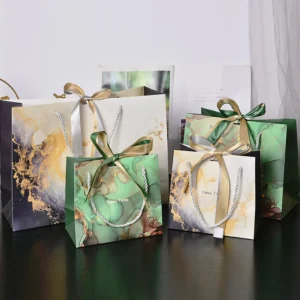 Customizable Marble Print Paper Gift Tote Bags with Ribbon Handles for Boutique Clothing
