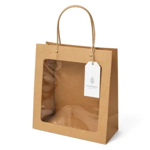 Customizable Recyclable Leather Paper Gift Bag with Transparent Window for Holiday Party Shopping