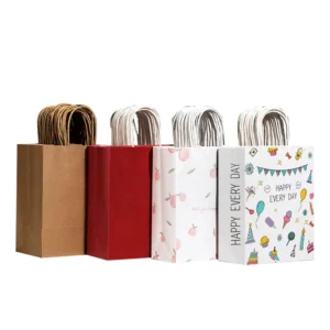 Customizable Size Cardboard Shopping Gift Bags with Ribbon Handle, Offset Printed Recycled Kraft Paper, Colorful White