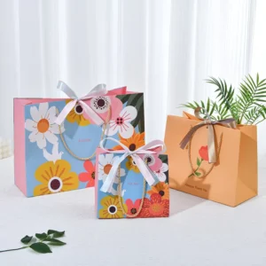 Customized Flower Printed Recyclable Paper Gift Bag with Ribbon Drawstring