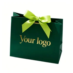 Customized Paper Gift Bags, Green, Ribbon Handles, Embossed Logo, for Shops
