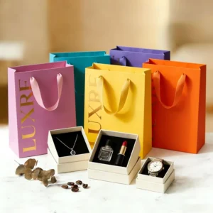 Customized Recyclable Laminated Gold Foil Luxury Shopping Paperboard Bag Satin Ribbon Gift Carrier for Cosmetic Jewelry Boutique