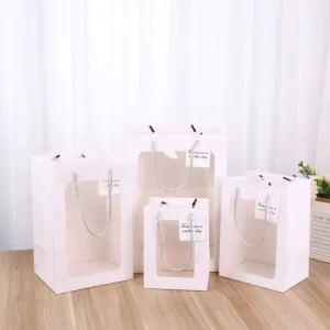 Customized Recycled Kraft Art Paper Gift Bag with Transparent Window, Magnetic Closure, and Ribbon