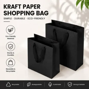 Eco Friendly Black Kraft Paper Shopping Bag Sturdy Handle Reusable Biodegradable for Clothing Retail Gift Packaging
